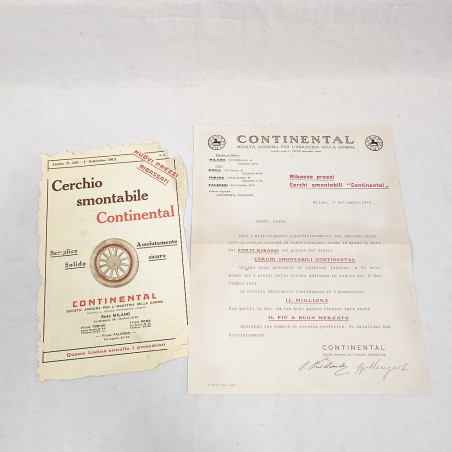 Coppia di listini pubblicitari CONTINENTAL anni 1913 foglio singolo