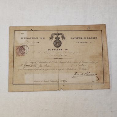 Originale diploma Napoleonico 15/11/1878 Medaglia di Sant'Elena