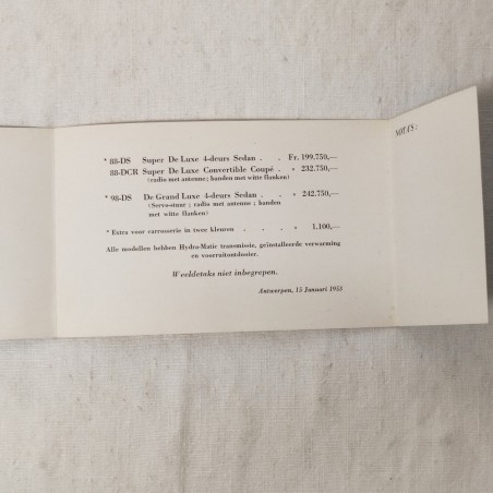 Mini brochure con listino prezzi vetture Oldsmobile in olandese Prijslijst