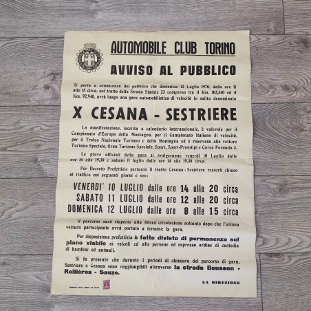 Automobil Club Torino Manifesto X gara Cesana Sestriere 12 luglio 1970