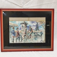 Disegno a tempera e china "Biciclette a Parigi primi del 900" autore V. Martini