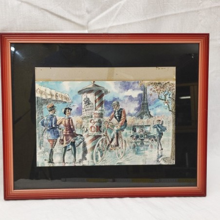 Disegno a tempera e china "Biciclette a Parigi primi del 900" autore V. Martini