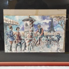 Disegno a tempera e china "Biciclette a Parigi primi del 900" autore V. Martini 2