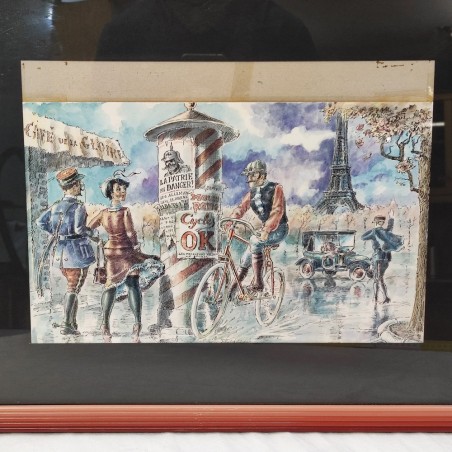 Disegno a tempera e china "Biciclette a Parigi primi del 900" autore V. Martini
