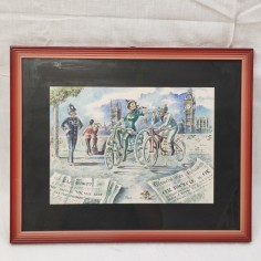 Disegno a tempera e china "Biciclette a Londra primi del 900" autore V. Martini