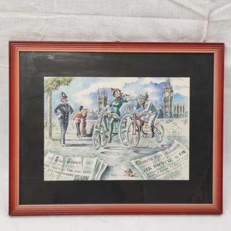 Disegno a tempera e china "Biciclette a Londra primi del 900" autore V. Martini
