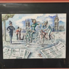 Disegno a tempera e china "Biciclette a Londra primi del 900" autore V. Martini 2