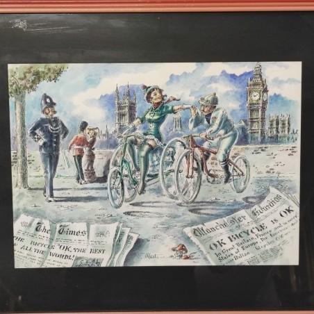Disegno a tempera e china "Biciclette a Londra primi del 900" autore V. Martini