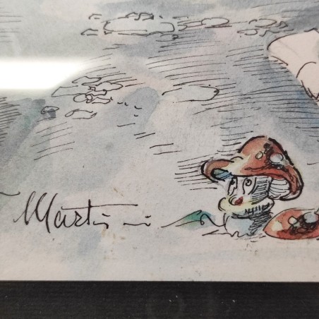 Disegno a tempera e china "Biciclette a Londra primi del 900" autore V. Martini