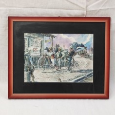 Disegno a tempera e china "Biciclette nel West tardo 800" autore" V. Martini