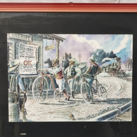 Disegno a tempera e china "Biciclette nel West tardo 800" autore" V. Martini