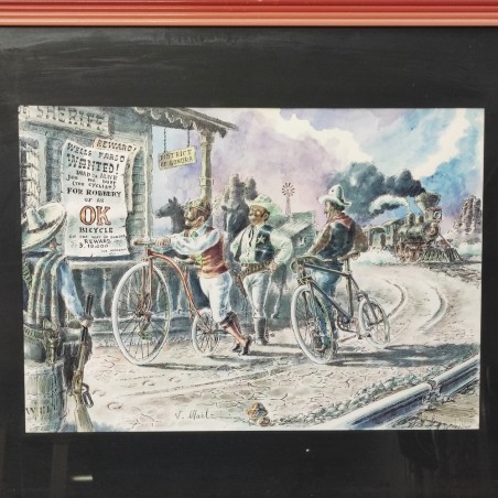 Disegno a tempera e china "Biciclette nel West tardo 800" autore" V. Martini