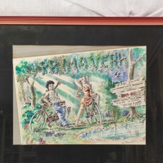 Disegno a tempera e china "Biciclette e due giovani anni 70" autore" V. Martini 2