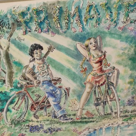 Disegno a tempera e china "Biciclette e due giovani anni 70" autore" V. Martini