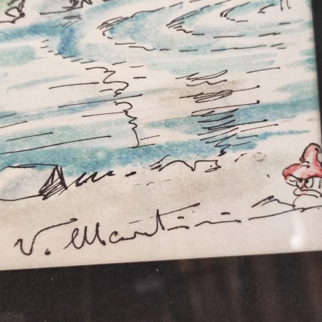 Disegno a tempera e china "Biciclette e due giovani anni 70" autore" V. Martini