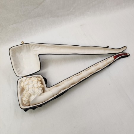 Pipa in schiuma di mare, sepiolite, testa di bacco con custodia