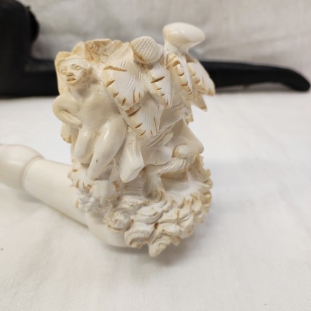 Pipa in schiuma di mare, sepiolite, testa di bacco con custodia