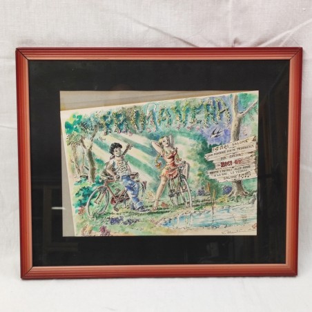 Disegno a tempera e china "Biciclette e due giovani anni 70" autore" V. Martini