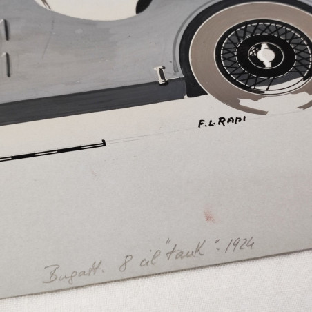 Fabio Luigi RAPI originale disegno a tempera auto BUGATTI 8 cilindri TANK 1924
