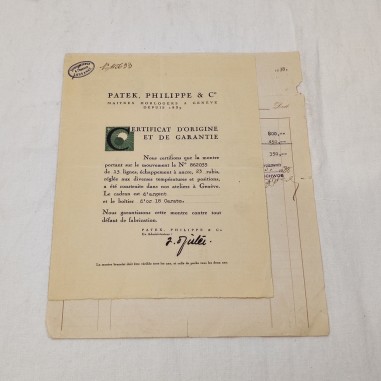 PATEK PHILIPPE & C. fattura e certificato originali anno 1938