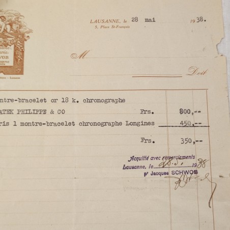 PATEK PHILIPPE & C. fattura e certificato originali anno 1938