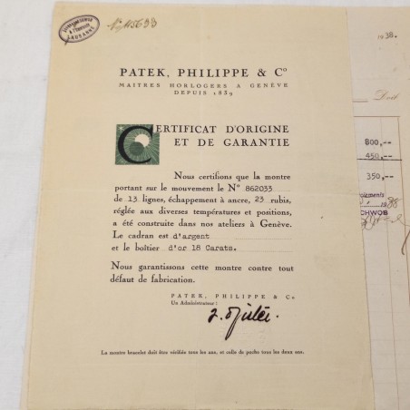 PATEK PHILIPPE & C. fattura e certificato originali anno 1938