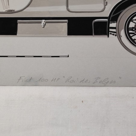 Fabio Luigi RAPI originale disegno a tempera auto FIAT 100 HP Roi des Belges
