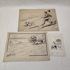 Lotto di 3 disegni umoristici disegnatore vignettista francese C.H. de Courcy
