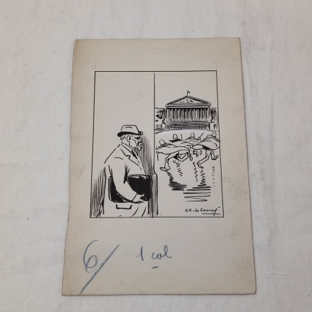 Lotto di 3 disegni umoristici disegnatore vignettista francese C.H. de Courcy