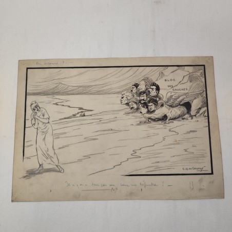 Lotto di 3 disegni umoristici disegnatore vignettista francese C.H. de Courcy