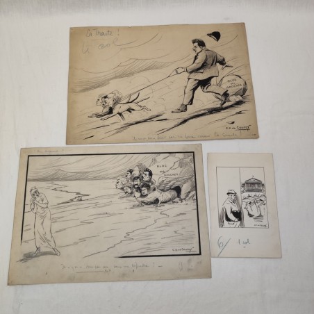 Lotto di 3 disegni umoristici disegnatore vignettista francese C.H. de Courcy