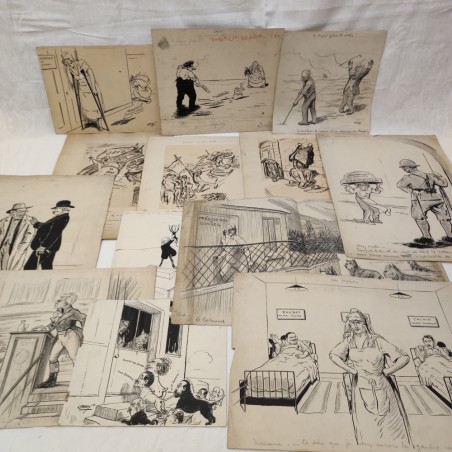 Lotto di 13 disegni umoristici disegnatore vignettista francese CADDY