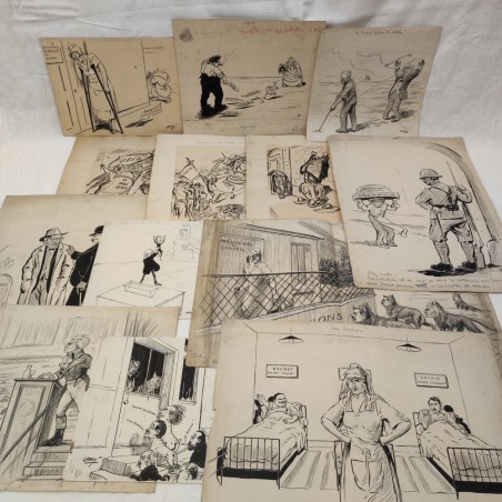 Lotto di 13 disegni umoristici disegnatore vignettista francese CADDY