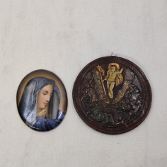 Ovale smaltato con immagine sacra della Vergine Maria e custodia in cuoio