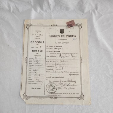 Passaporto per l'Interno Comune di Bedonia 1874