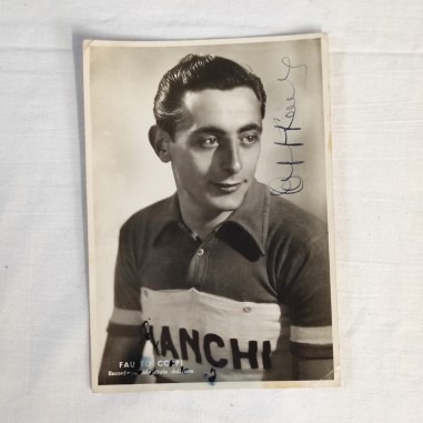 Foto cartolina pubblicitaria FAUSTO COPPI Cicli Bianchi con autografo originale