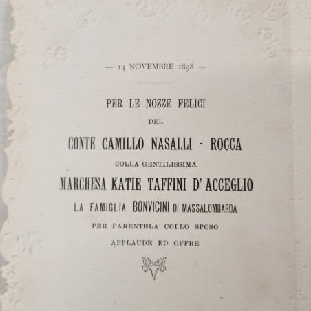 Biglietto nozze Conte Camillo Nasalli Rocca e Marchesa Katie Taffini D'Acceglio