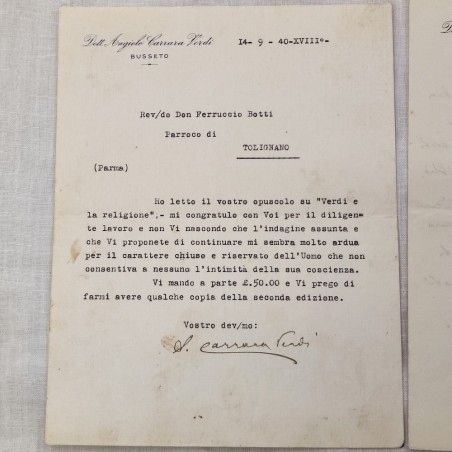 ANGIOLO CARRARA VERDI lotto di 2 lettere una dattiloscritta e una scritta a mano