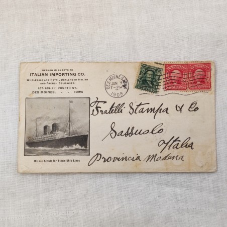 Busta viaggiata da DES MOINES IOWA a Sassuolo Jun 7 1908