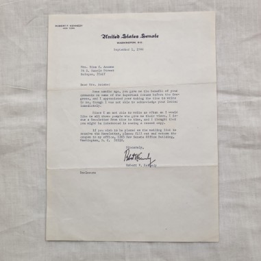 Lettera dattiloscritta con timbro firma Robert Kennedy per Mrs. Accame Bologna