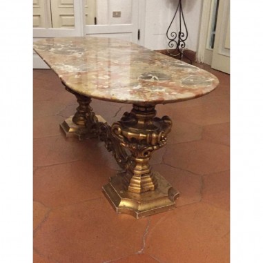 Tavolino da salotto in marmo con basamento in legno foglia d'oro