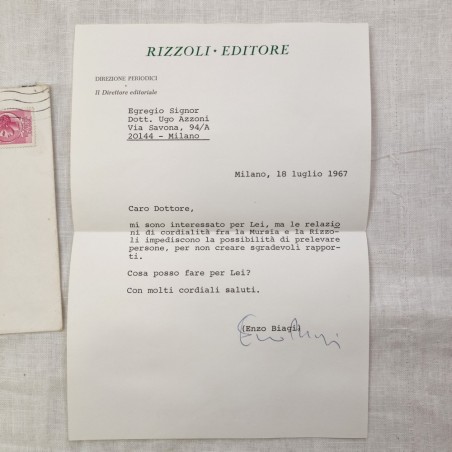 ENZO BIAGI lettera autografa a Ugo Azzoni 1967