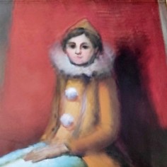 E. Barcelona Gonzales quadro olio su tela bambino seduto con abito giallo 2