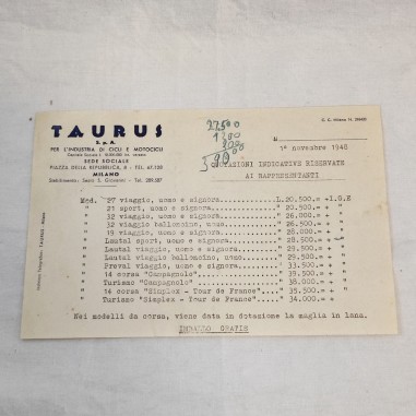 Volantino con listino quotazioni per rappresentanti cicli Taurus anno 1948