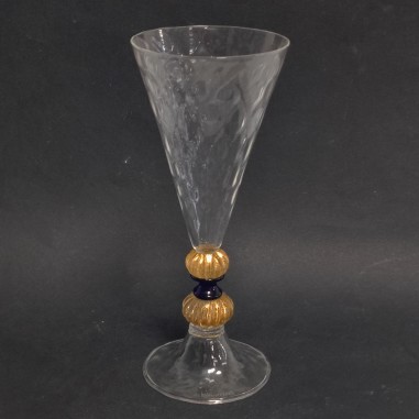 Vaso bicchiere La Murrina a cono con doppia sfera dorata e anello blu h. 24 cm
