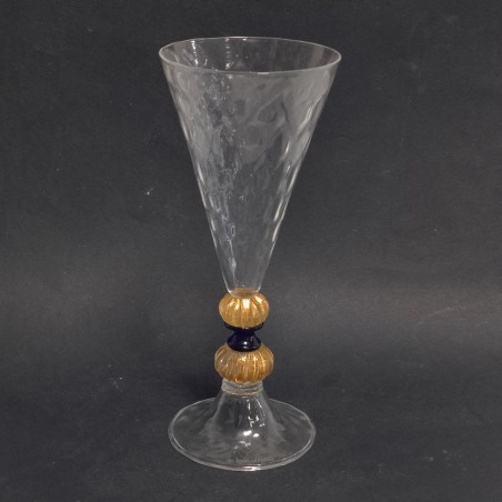 Vaso bicchiere La Murrina a cono con doppia sfera dorata e anello blu h. 24 cm