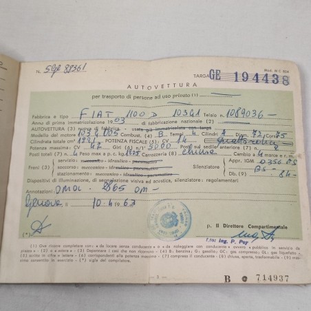 Carta di circolazione per autovettura Fiat 1100 D anno 1963