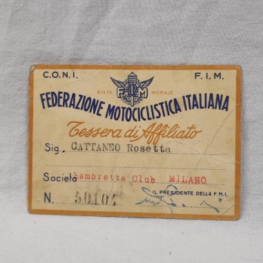 Tessera Federazione Motociclistica Italiana Sg.ra Cattaneo Rosetta 1950