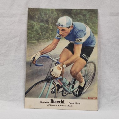 Fausto Coppi foto a colori su cartolina pubblicitaria cicli Bianchi