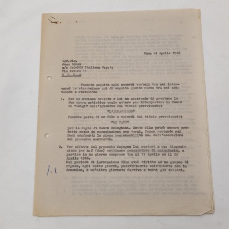 JEAN SOREL autografo su contratto cinematografico film LE FATE 1966